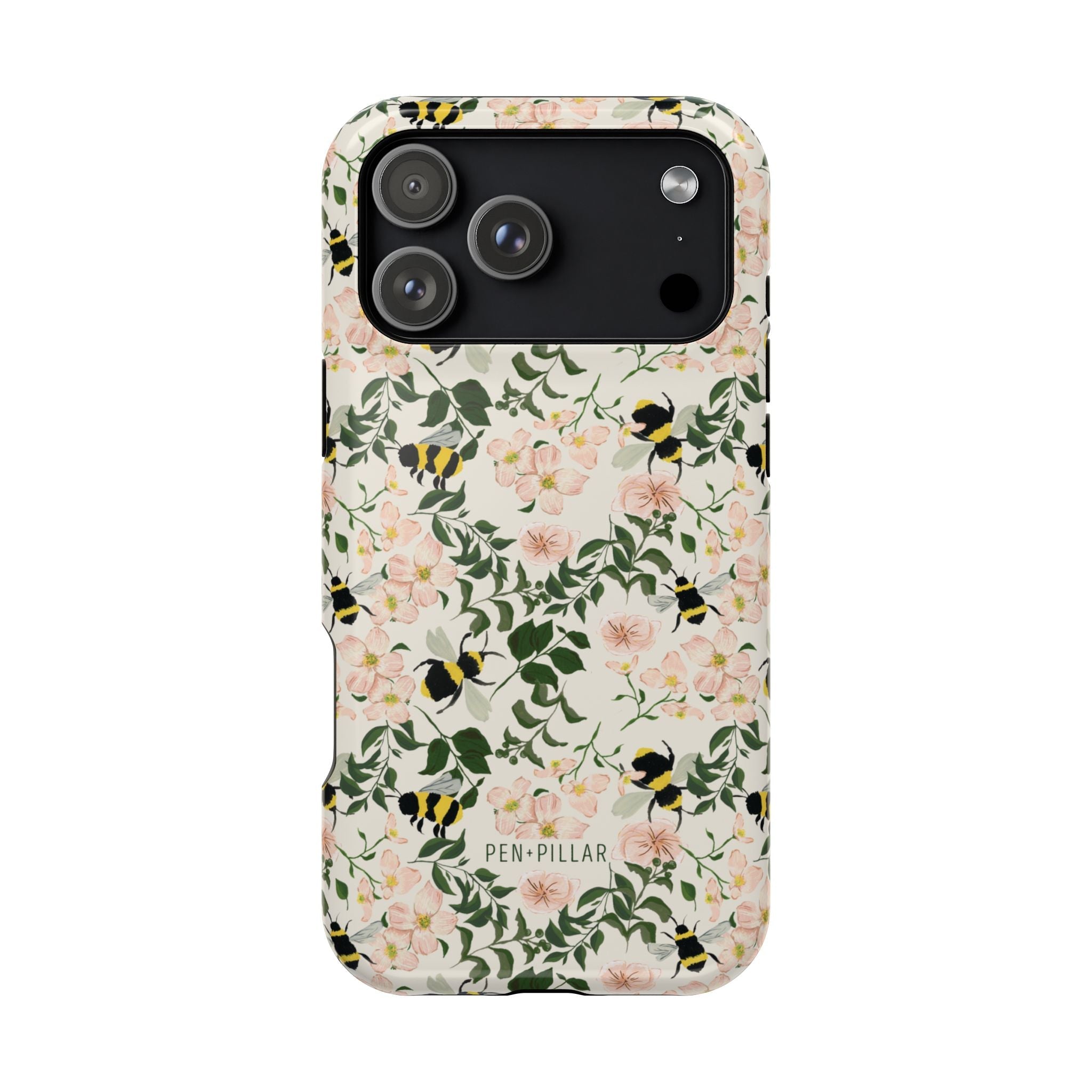 Bumblebee iPhone case featuring a floral design with pink flowers and black and yellow bumblebees on a light background.