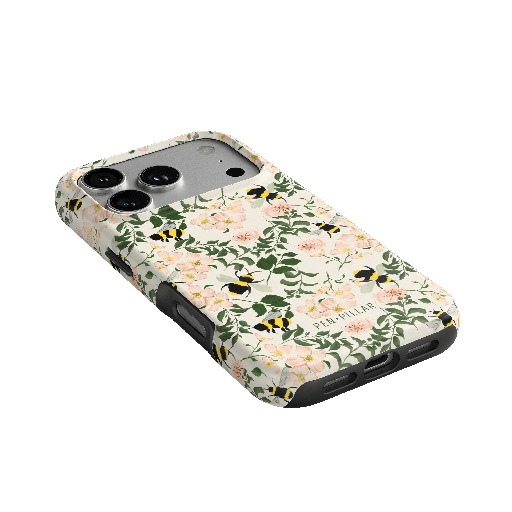 Bumblebee iPhone case featuring floral patterns with bees on a light background, angled view showcasing camera cutout.