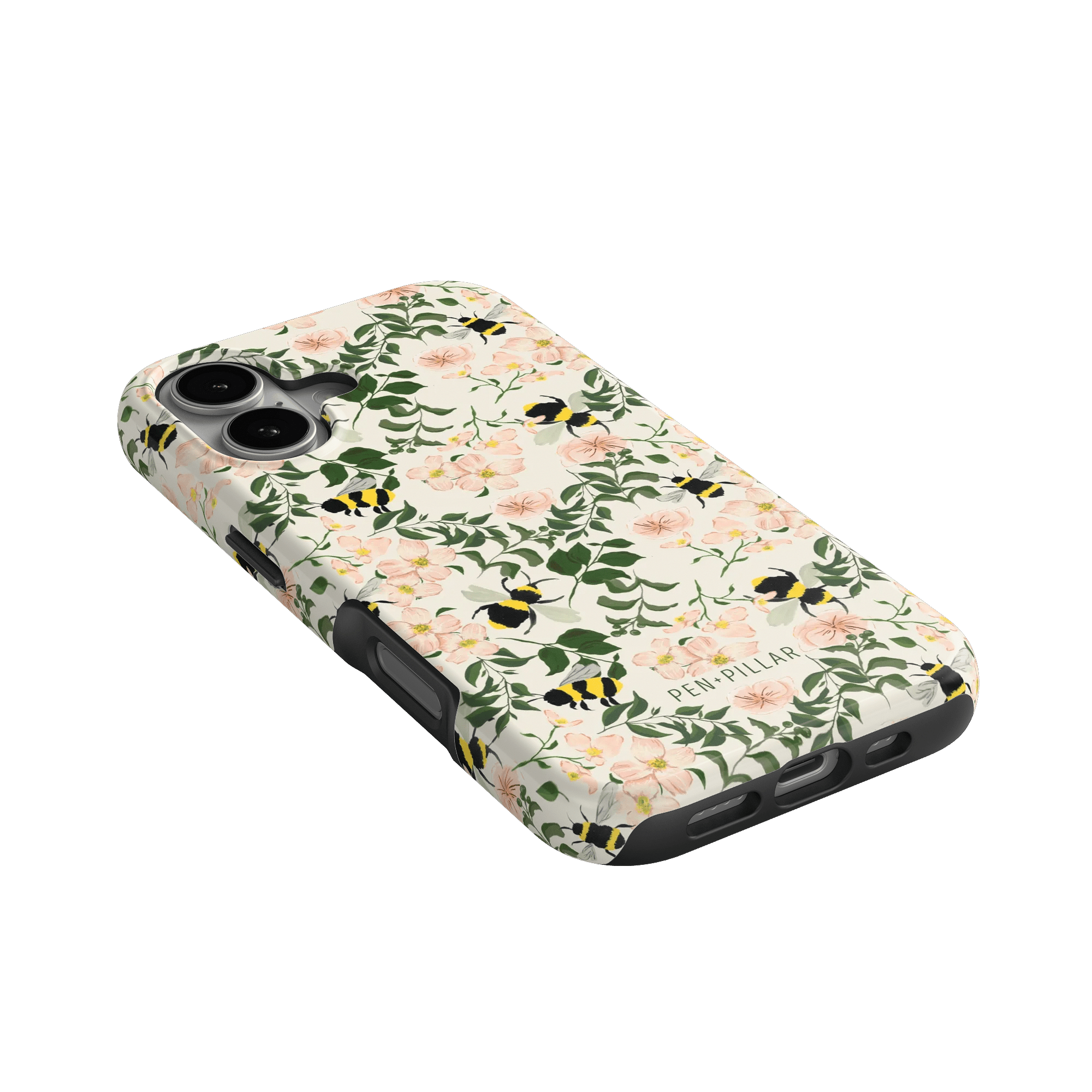 Bumblebee iPhone case featuring a floral design with bees on a cream background, angled view showing camera cutout.