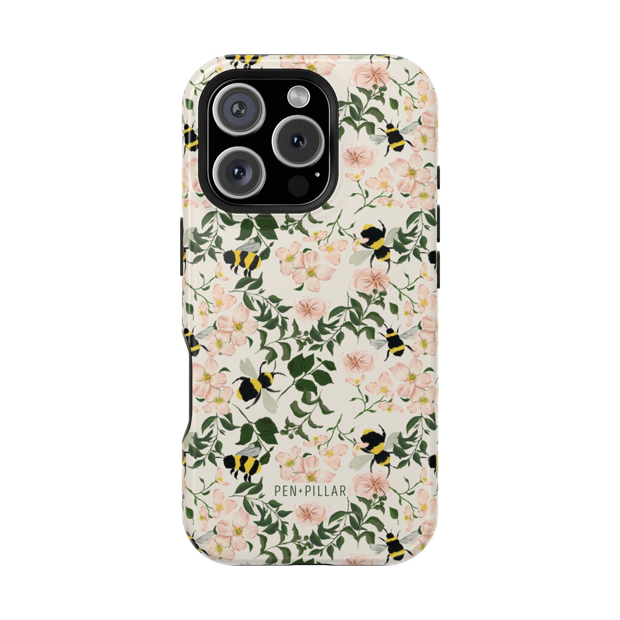Bumblebee iPhone case featuring a floral design with pink flowers and black and yellow bumblebees on a cream background.