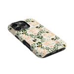Bumblebee iPhone case featuring a floral design with bees on a light background, angled view showing camera cutout.