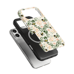 Bumblebee iPhone case featuring a floral design with bees on a white background, layered over a black case.