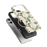 Bumblebee iPhone case featuring a floral design with bees on a white background, layered over a black case.