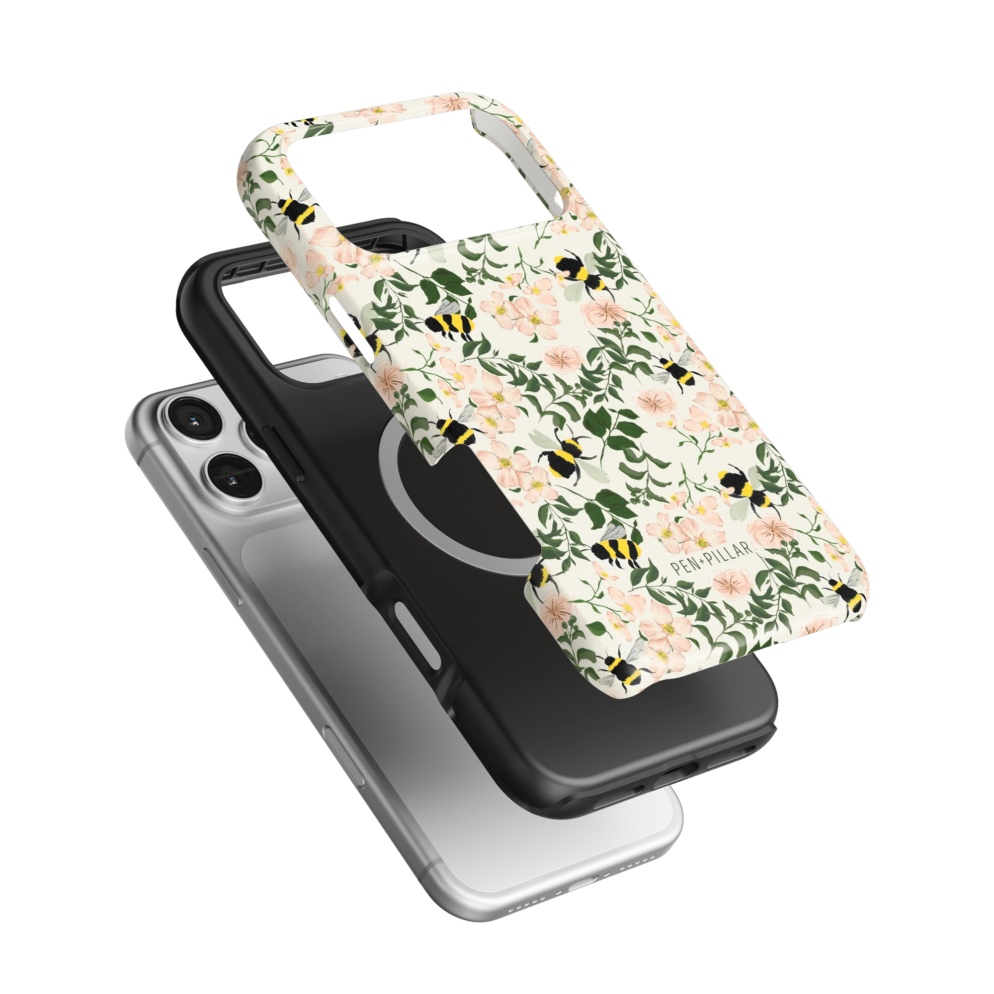 Bumblebee iPhone case featuring a floral design with bees on a white background, layered over a black case.
