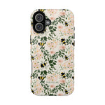 Bumblebee iPhone case featuring a floral design with pink flowers and yellow bumblebees on a cream background.