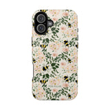 Bumblebee iPhone case featuring a floral design with pink flowers and yellow bumblebees on a cream background.