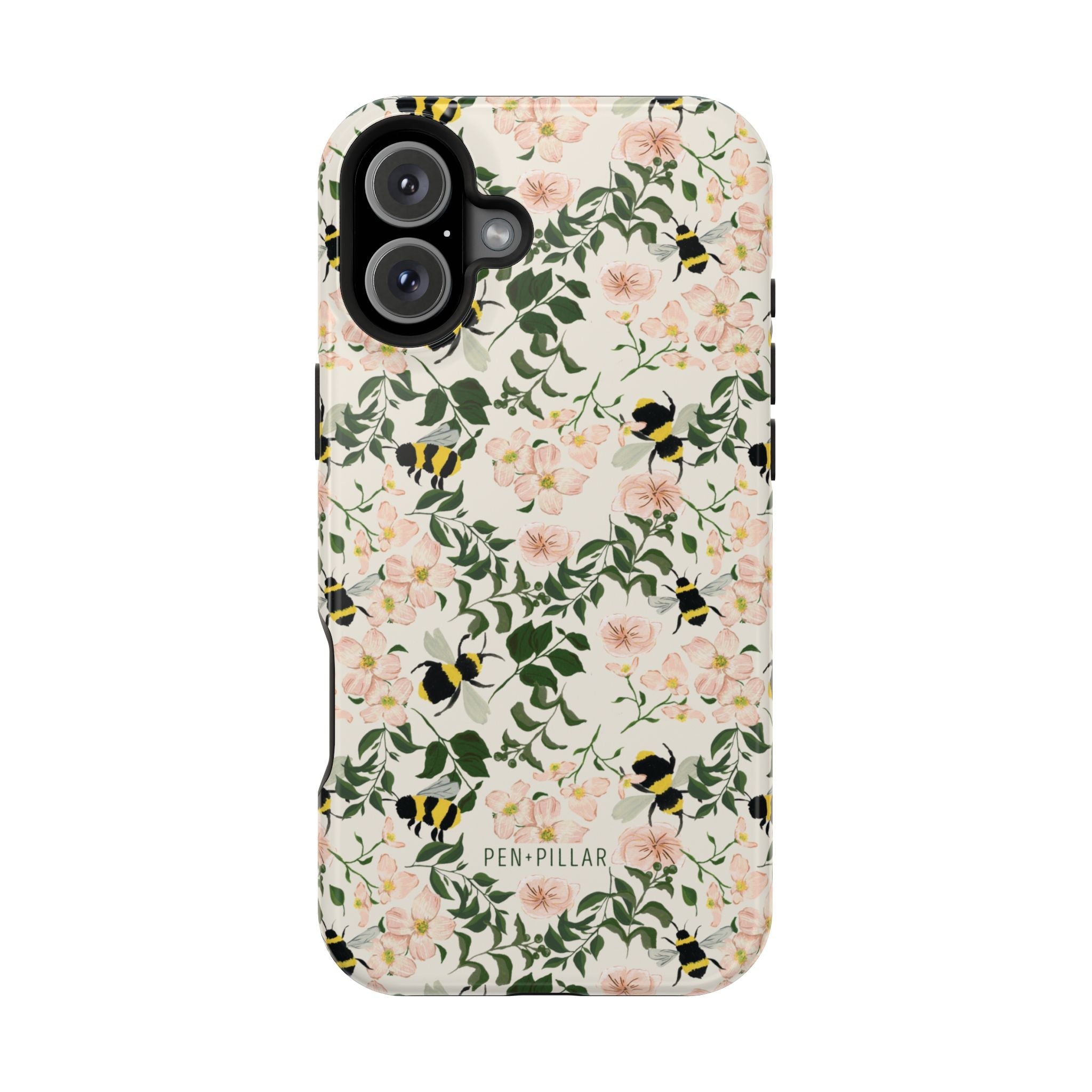 Bumblebee iPhone case featuring a floral design with pink flowers and yellow bumblebees on a cream background.