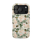 Bumblebee iPhone case featuring a floral design with pink flowers and black and yellow bees on a cream background.