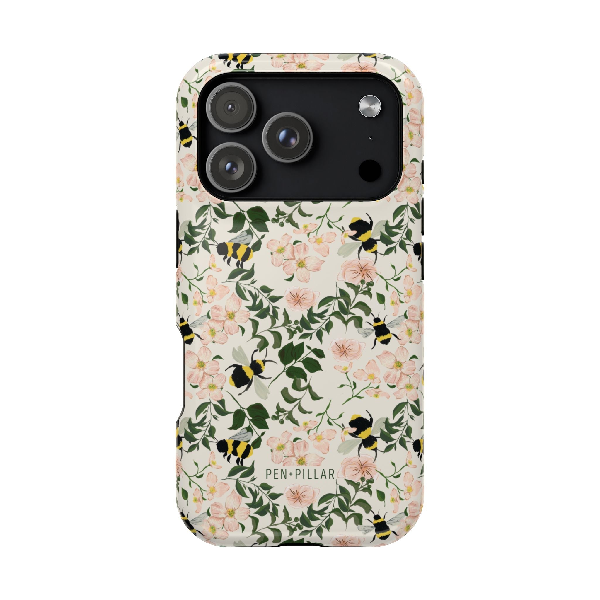 Bumblebee iPhone case featuring a floral design with pink flowers and black and yellow bees on a cream background.