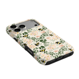 Bumblebee iPhone case featuring a floral design with bees on a light background and black edges.