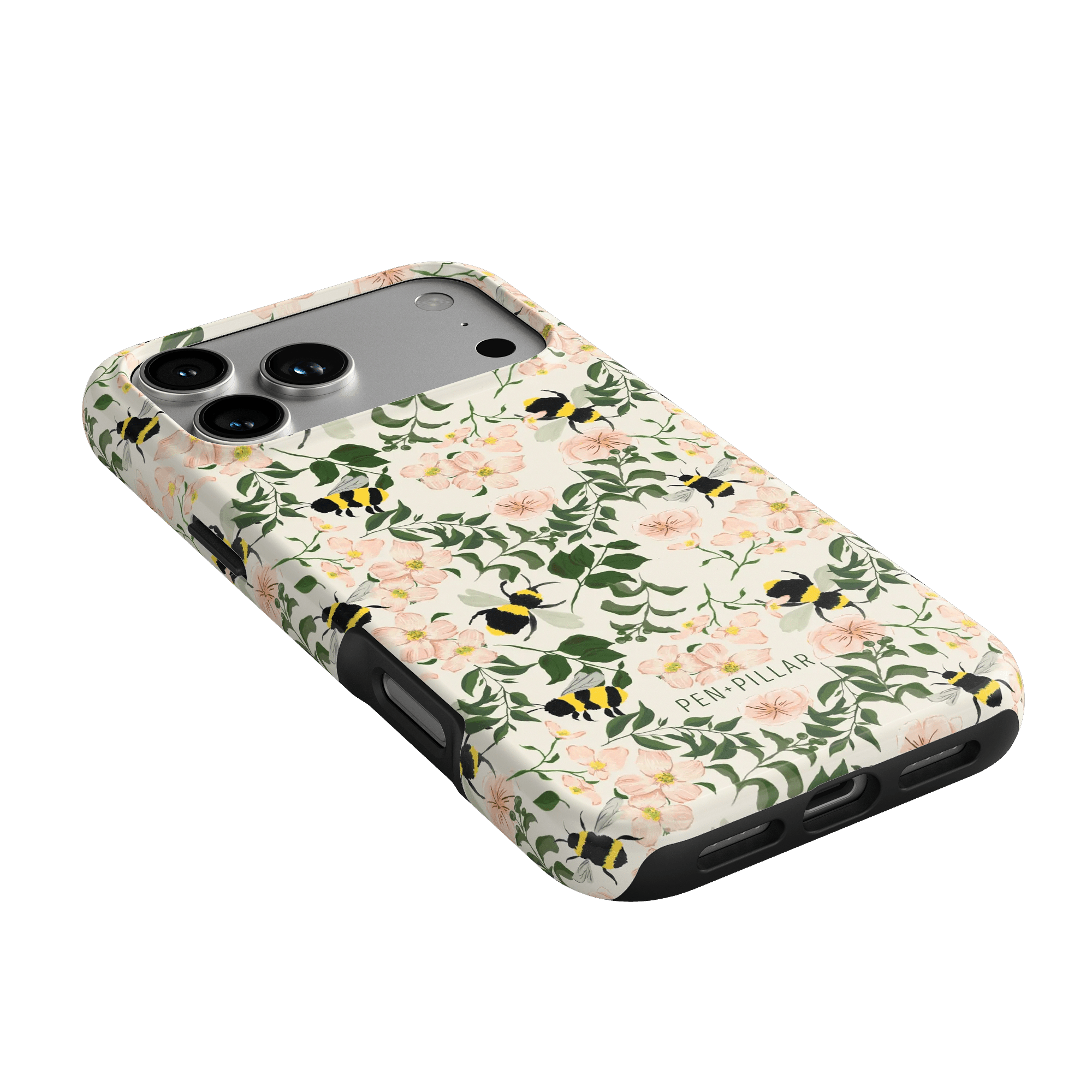 Bumblebee iPhone case featuring a floral design with bees on a light background and black edges.