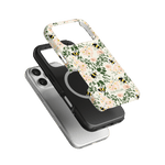 Bumblebee iPhone case featuring a floral design with bees, layered over a black and silver phone case.