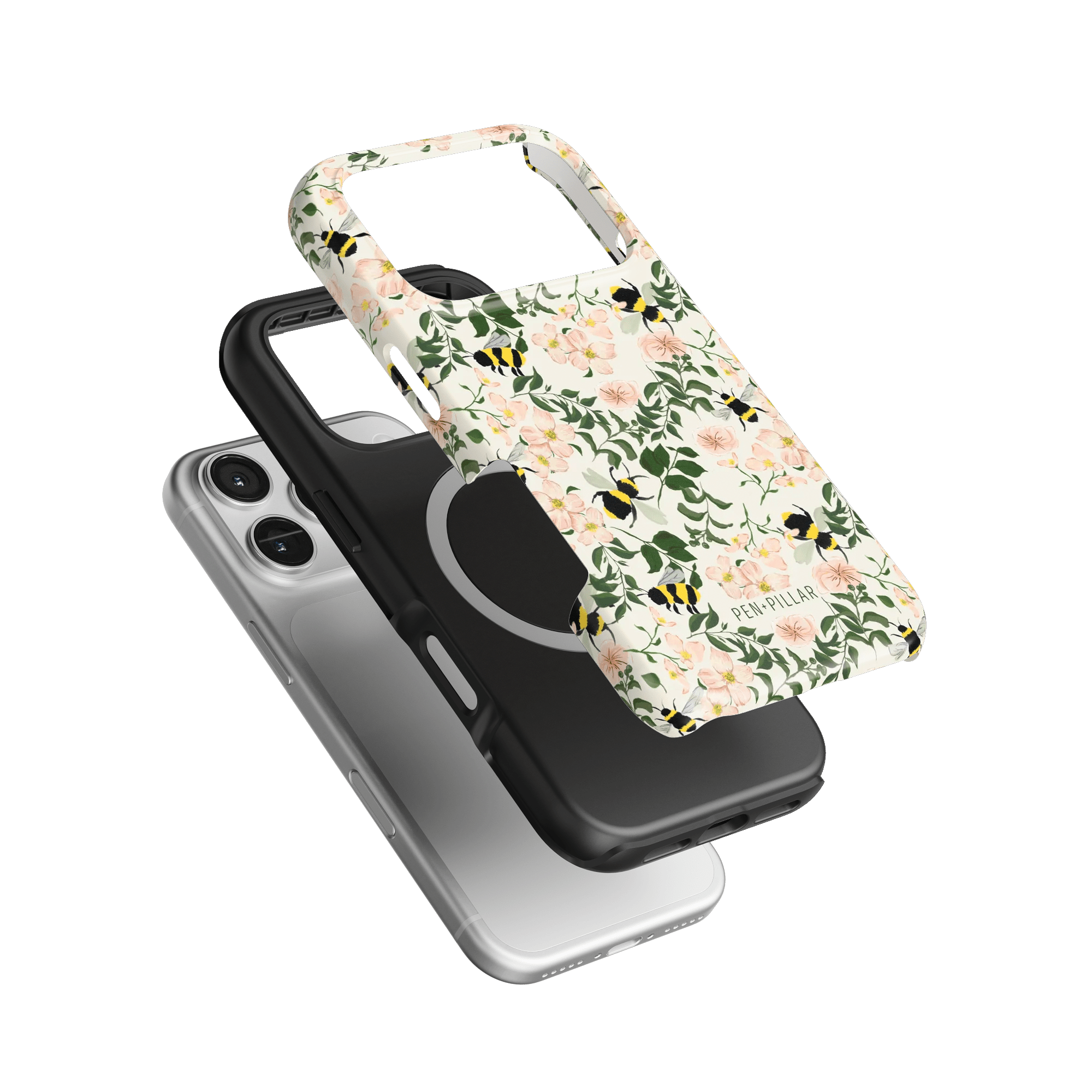Bumblebee iPhone case featuring a floral design with bees, layered over a black and silver phone case.