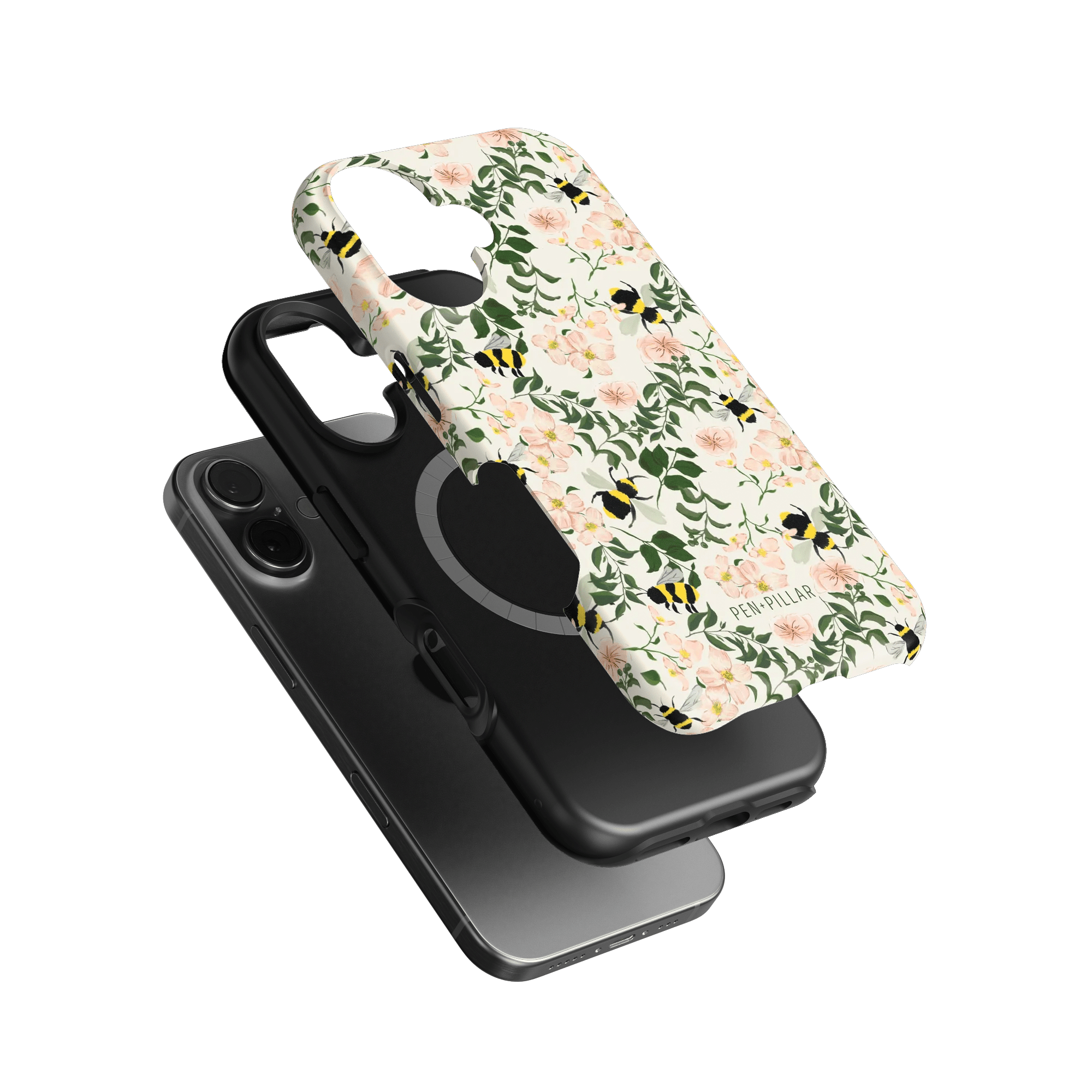 Bumblebee iPhone case featuring a floral design with bees on a light background, layered over a black phone case.