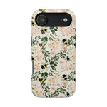 Bumblebee iPhone case featuring a floral design with pink flowers and black and yellow bumblebees on a light background.