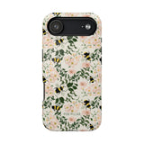 Bumblebee iPhone case featuring a floral design with pink flowers and black and yellow bumblebees on a light background.