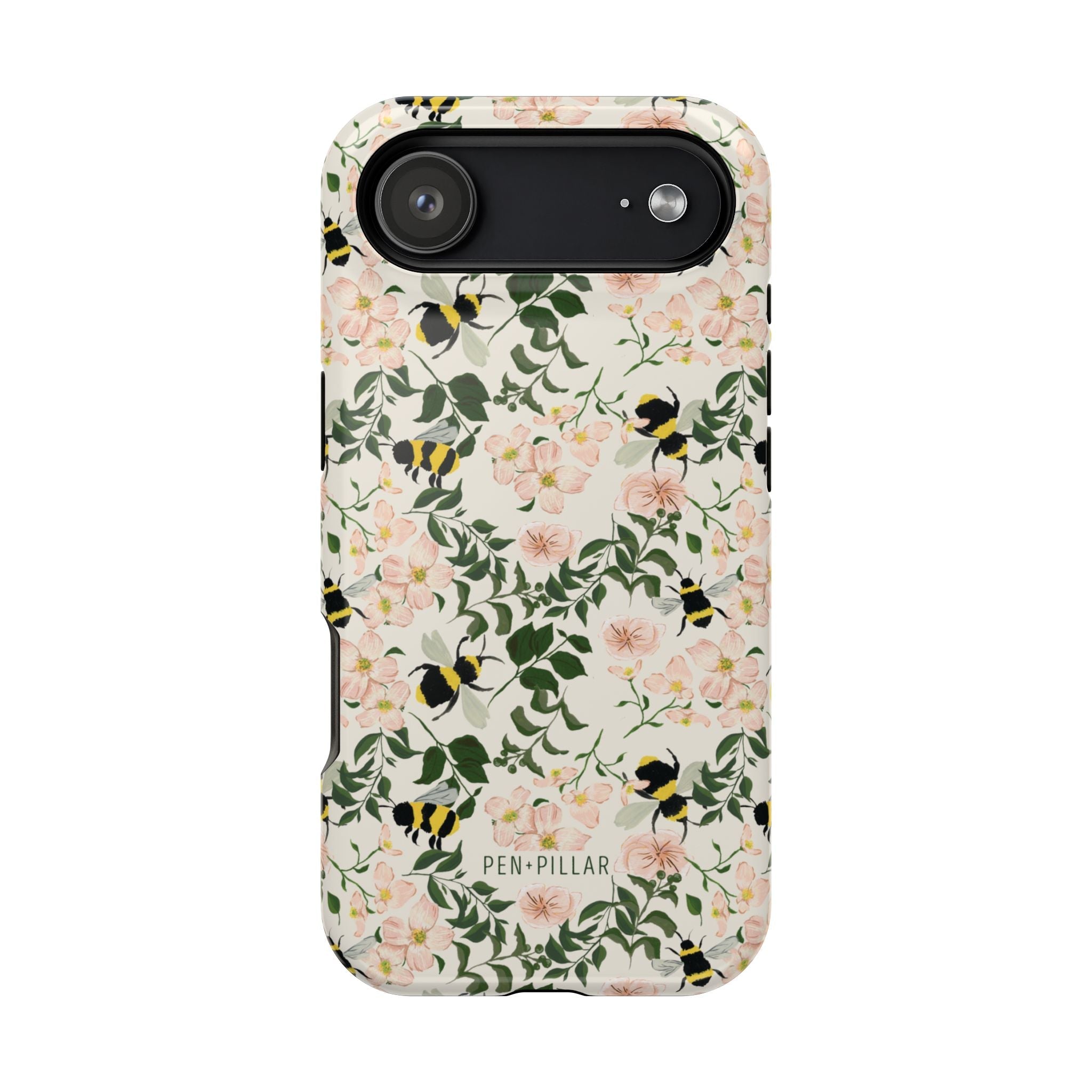 Bumblebee iPhone case featuring a floral design with pink flowers and black and yellow bumblebees on a light background.