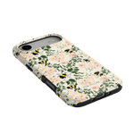 Bumblebee iPhone case featuring a floral design with yellow bees and pink flowers on a light background.