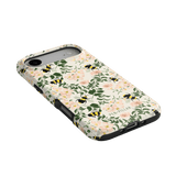 Bumblebee iPhone case featuring a floral design with yellow bees and pink flowers on a light background.