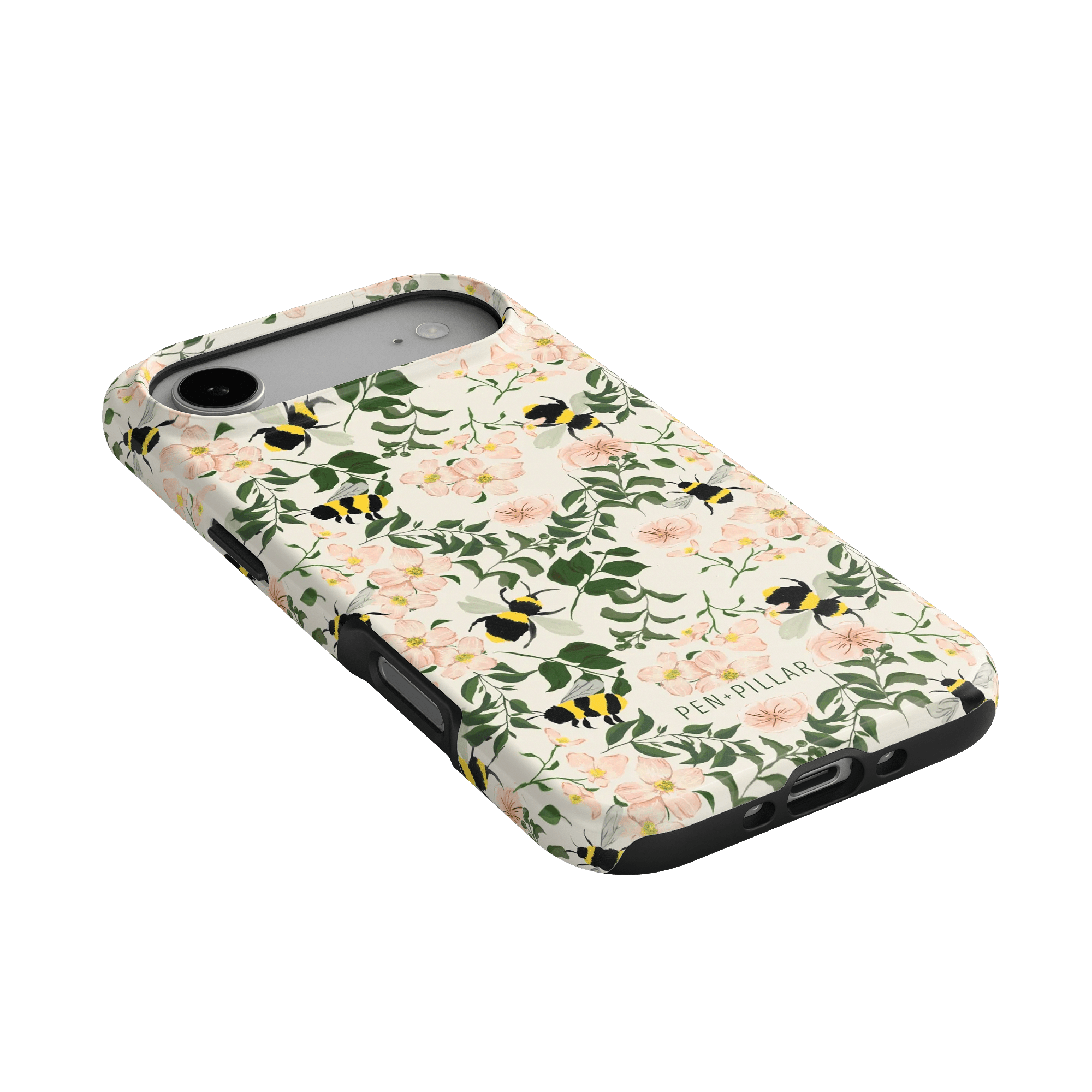 Bumblebee iPhone case featuring a floral design with yellow bees and pink flowers on a light background.