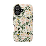 Bumblebee iPhone case featuring floral patterns with bees on a light background.