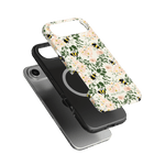 Bumblebee iPhone case featuring a floral design with bees on a light background, layered over a black phone case.