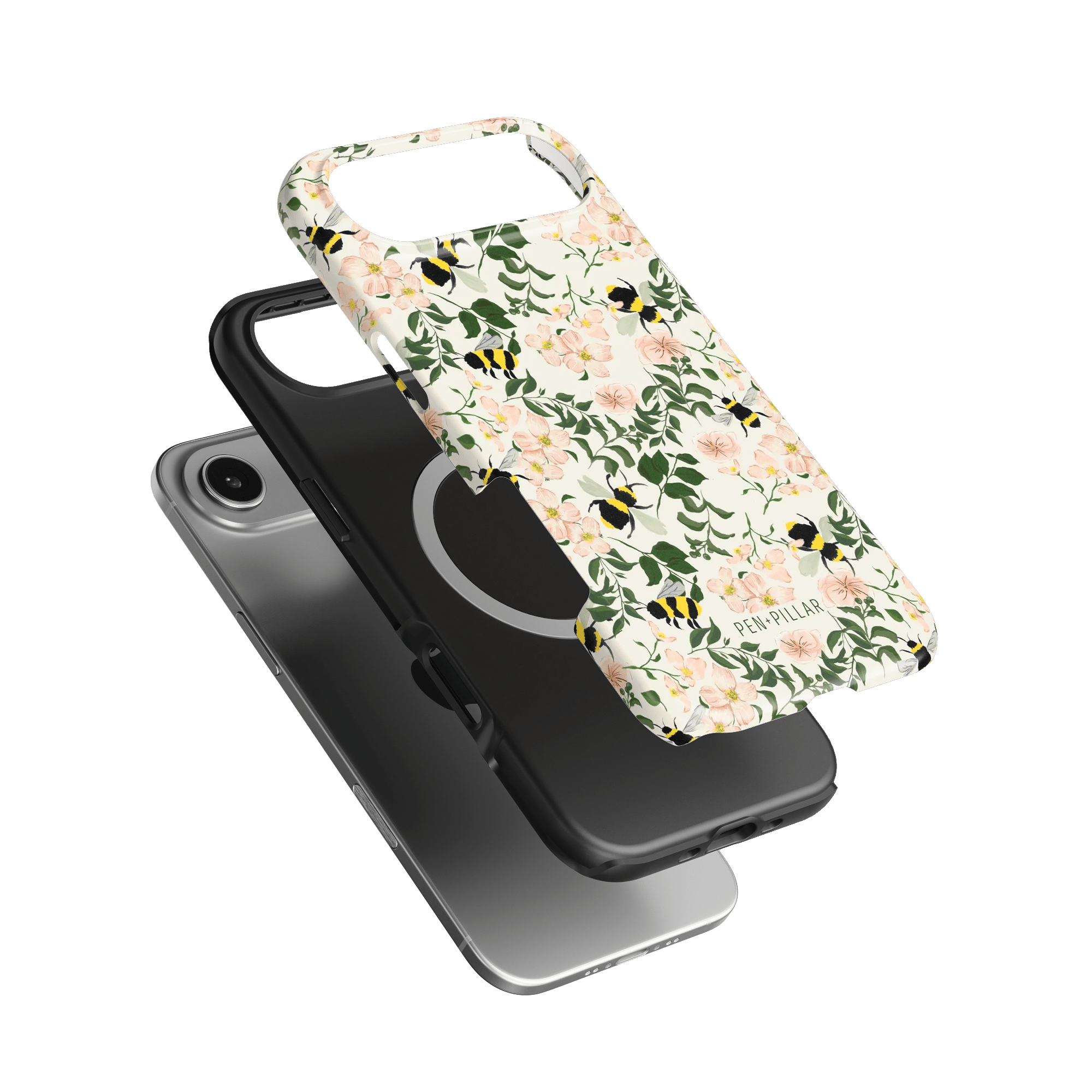 Bumblebee iPhone case featuring a floral design with bees on a light background, layered over a black phone case.