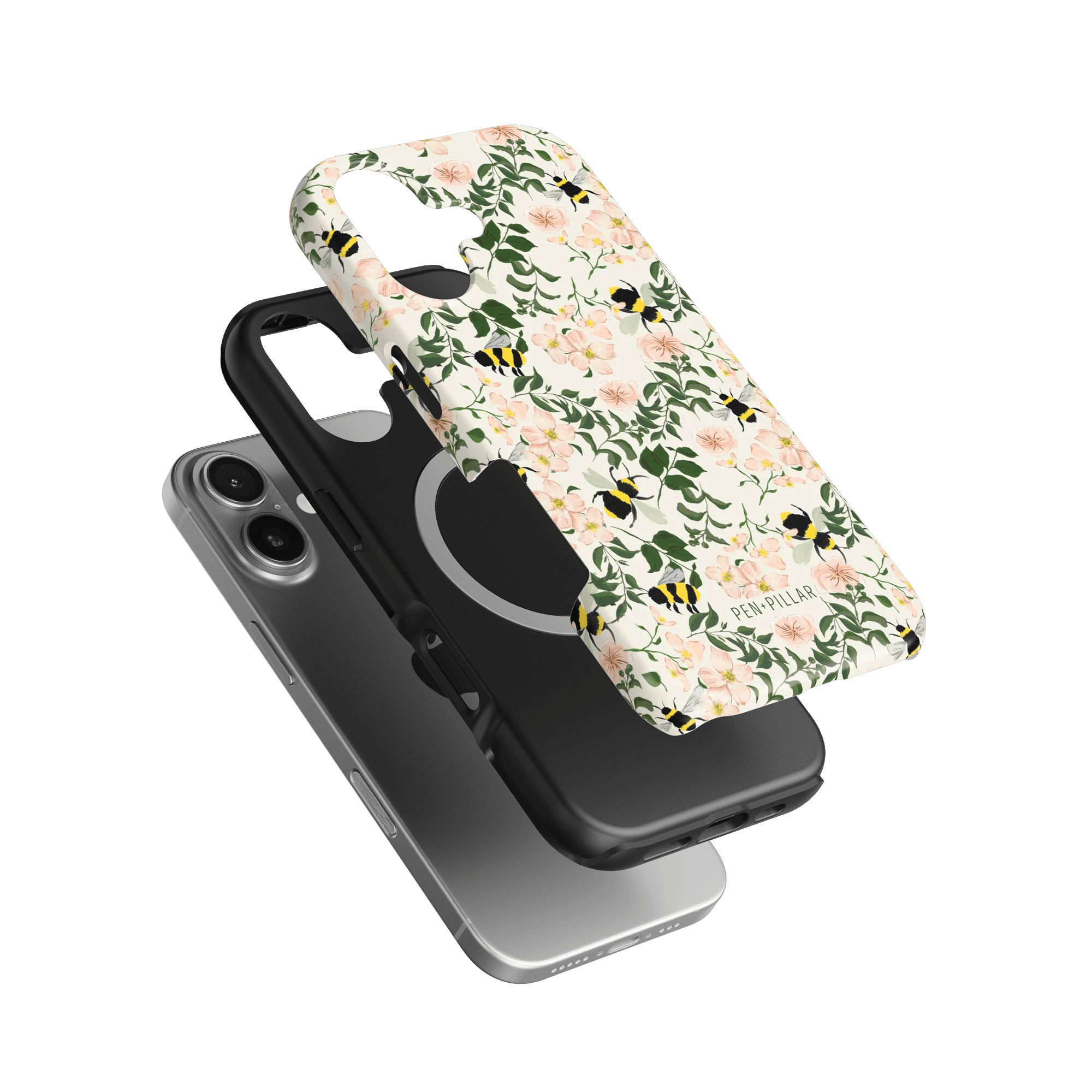 Bumblebee iPhone case featuring floral design with bees, layered over a black protective case on a green background.