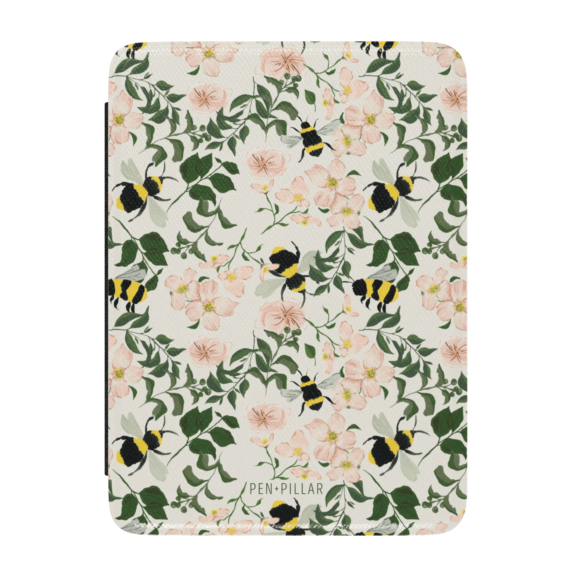 Bumblebee Kindle case featuring a floral design with bees on a light background.