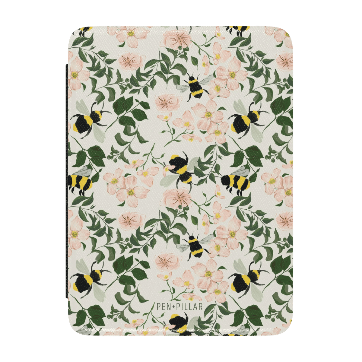 Bumblebee Kindle case featuring a floral design with bees on a light background.