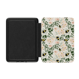 Bumblebee Kindle case with floral design featuring pink flowers and black and yellow bumblebees on a light background.