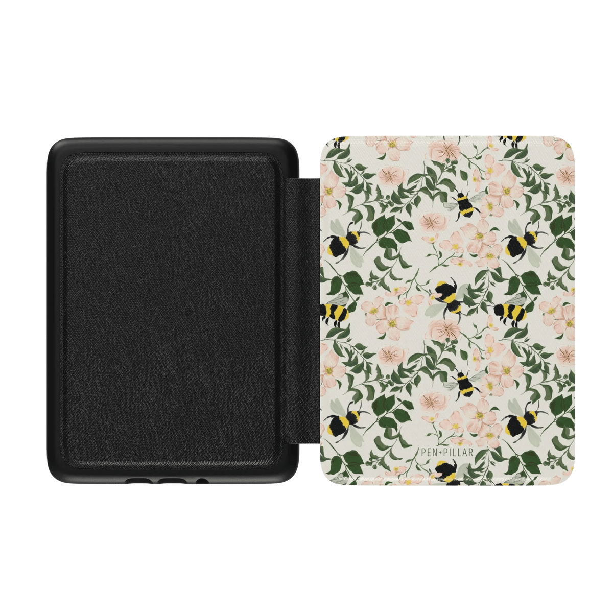 Bumblebee Kindle case with floral design featuring pink flowers and black and yellow bumblebees on a light background.