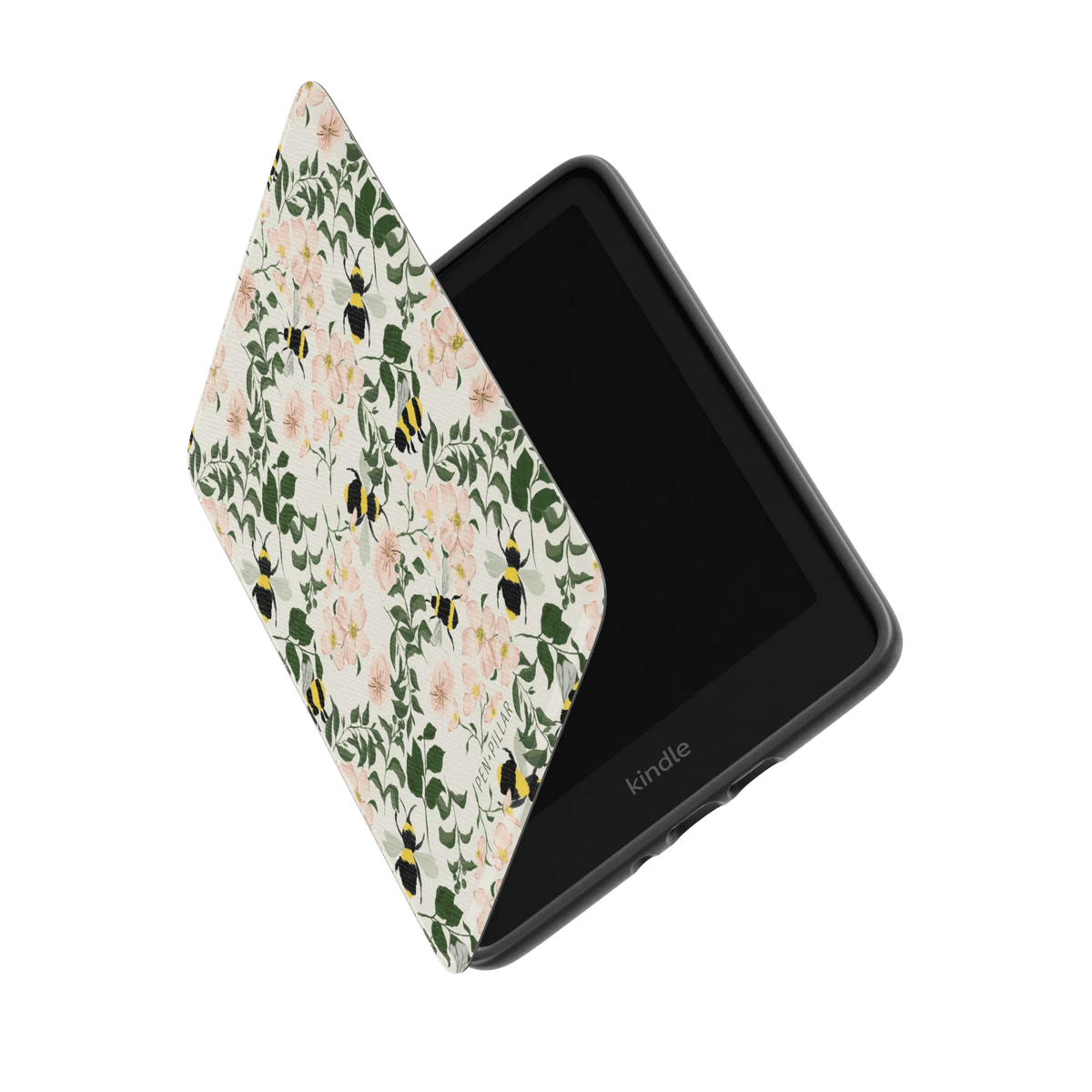 Bumblebee Kindle case with floral design featuring pink flowers and bees on a green background, partially open.