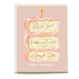 Cake slice birthday card featuring a pink background, three layers of cake, and colorful handwritten text.