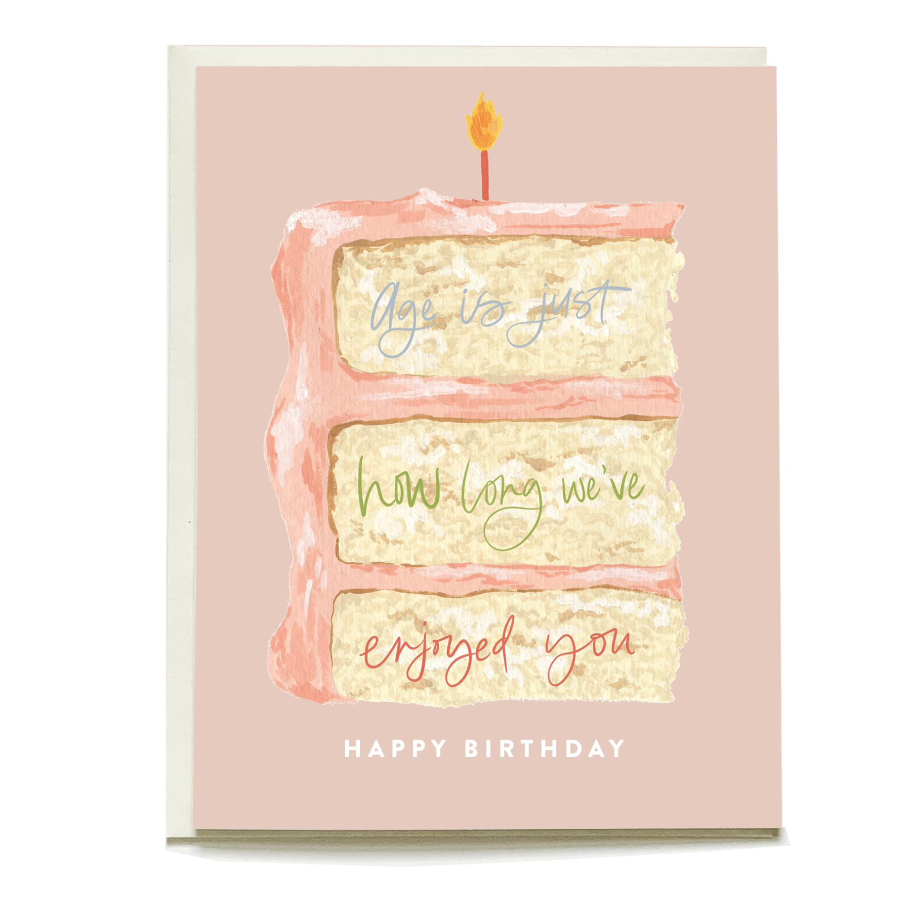 Cake slice birthday card featuring a pink background, three layers of cake, and colorful handwritten text.