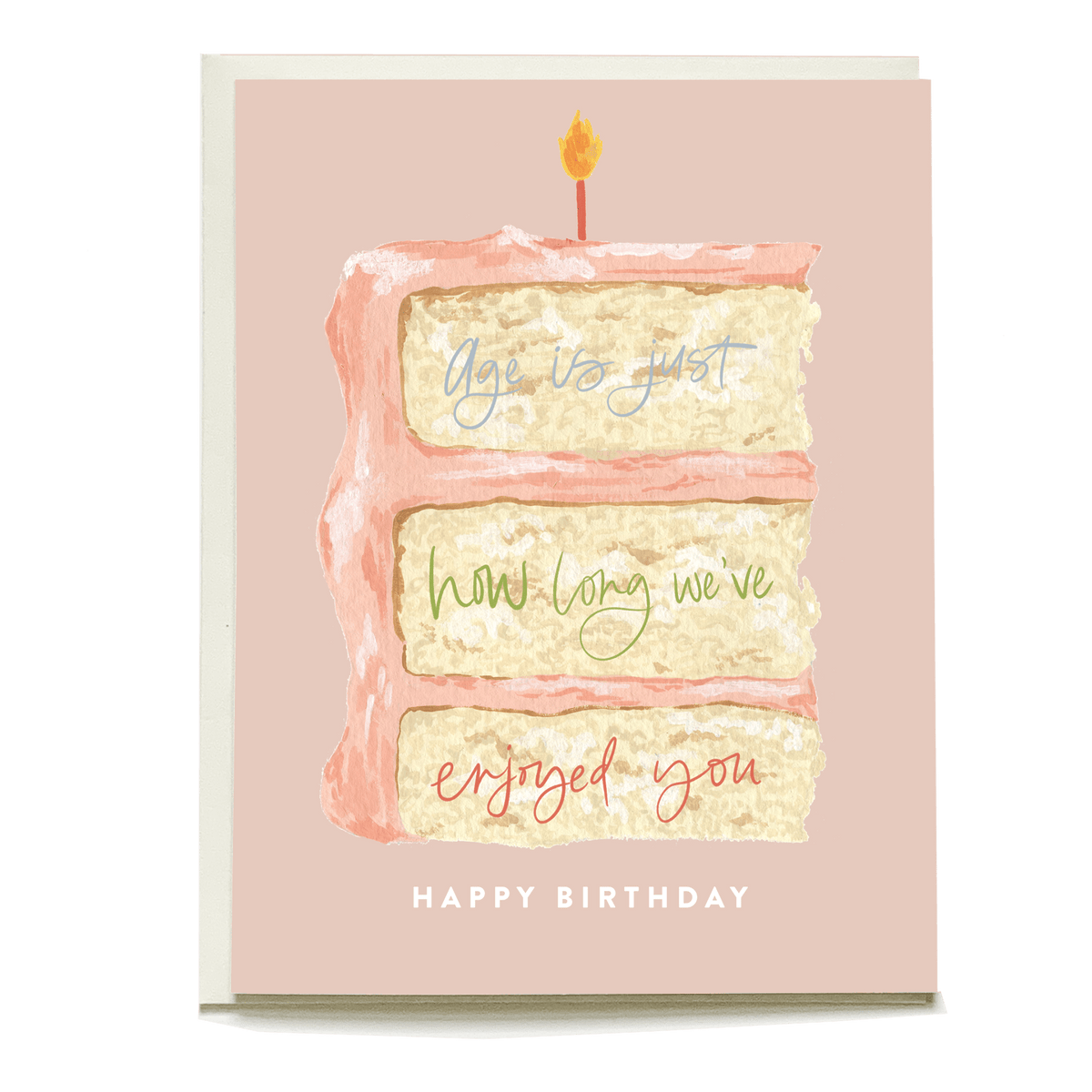 Cake slice birthday card featuring a pink background, three layers of cake, and colorful handwritten text.