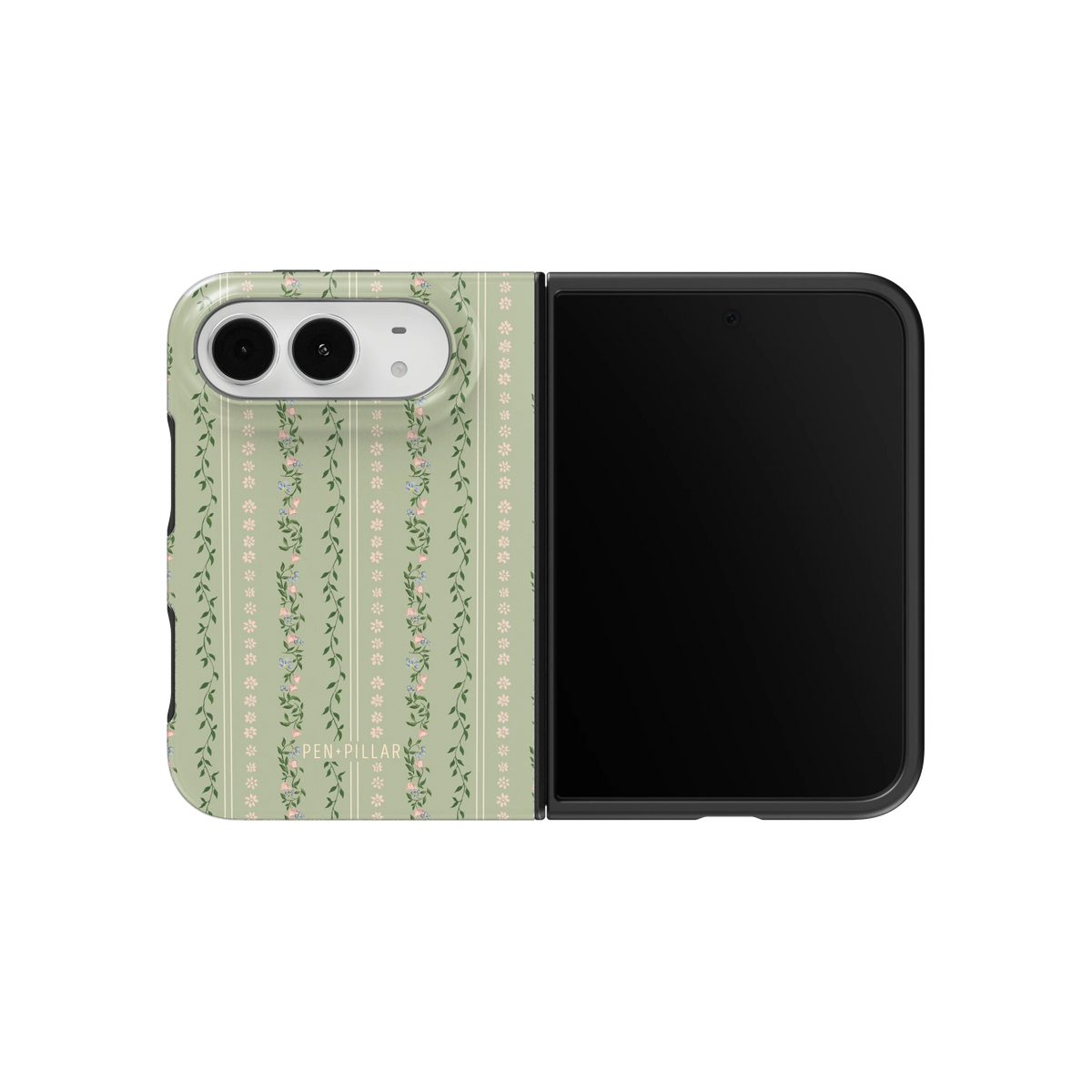 Camellia iPhone 18 Duo case on an unfolded iPhone 18 Duo, back and screen side by side: sage green with soft floral stripes