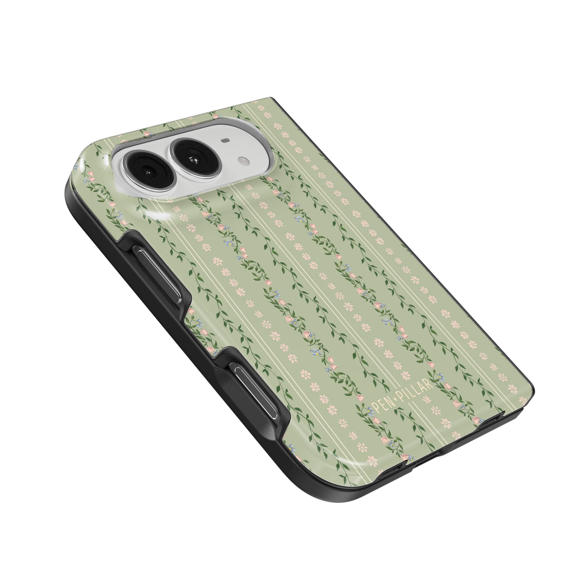 Camellia iPhone 18 Duo case, angled view showing the camera surround and side buttons