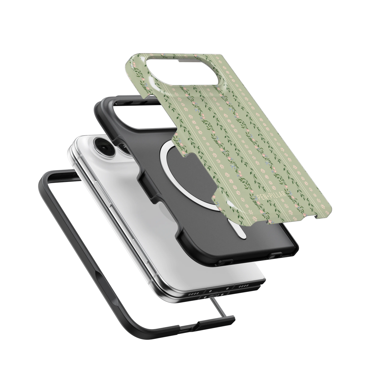 Camellia iPhone 18 Duo case, exploded view of the printed shell, black inner layer with MagSafe ring, and phone