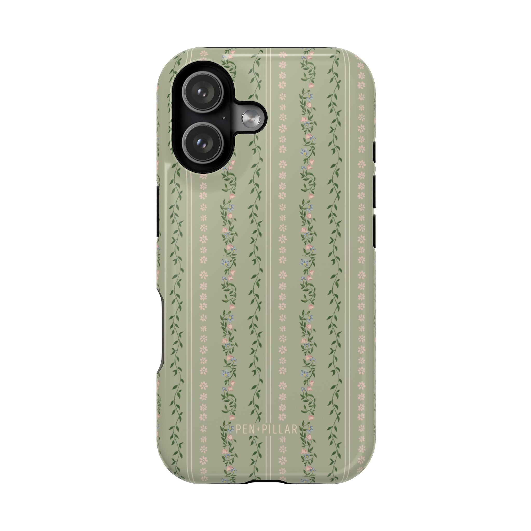 Camellia iPhone case featuring a green background with floral patterns and vines, designed for protection and style.
