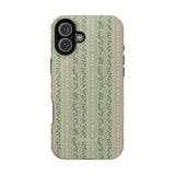 Camellia iPhone case featuring a green floral design with vertical stripes and small flowers.