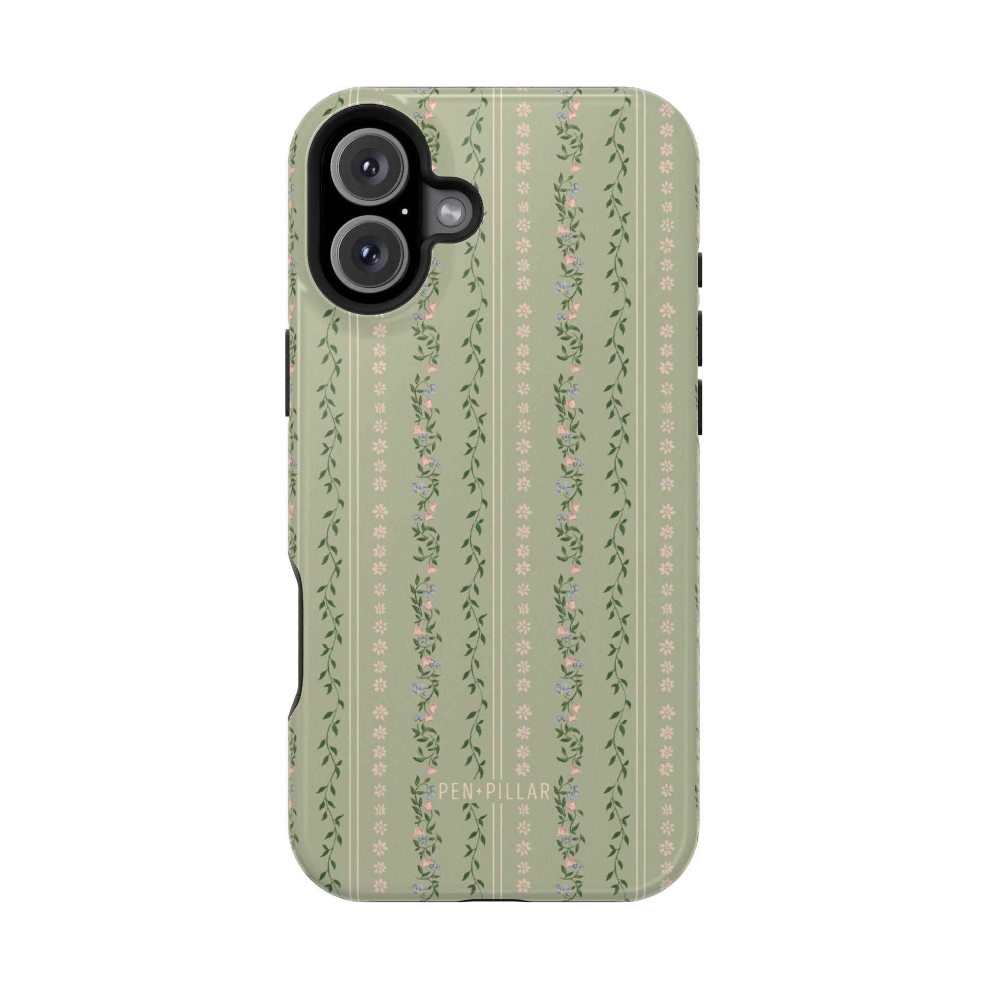 Camellia iPhone case featuring a green floral design with vertical stripes and small flowers.