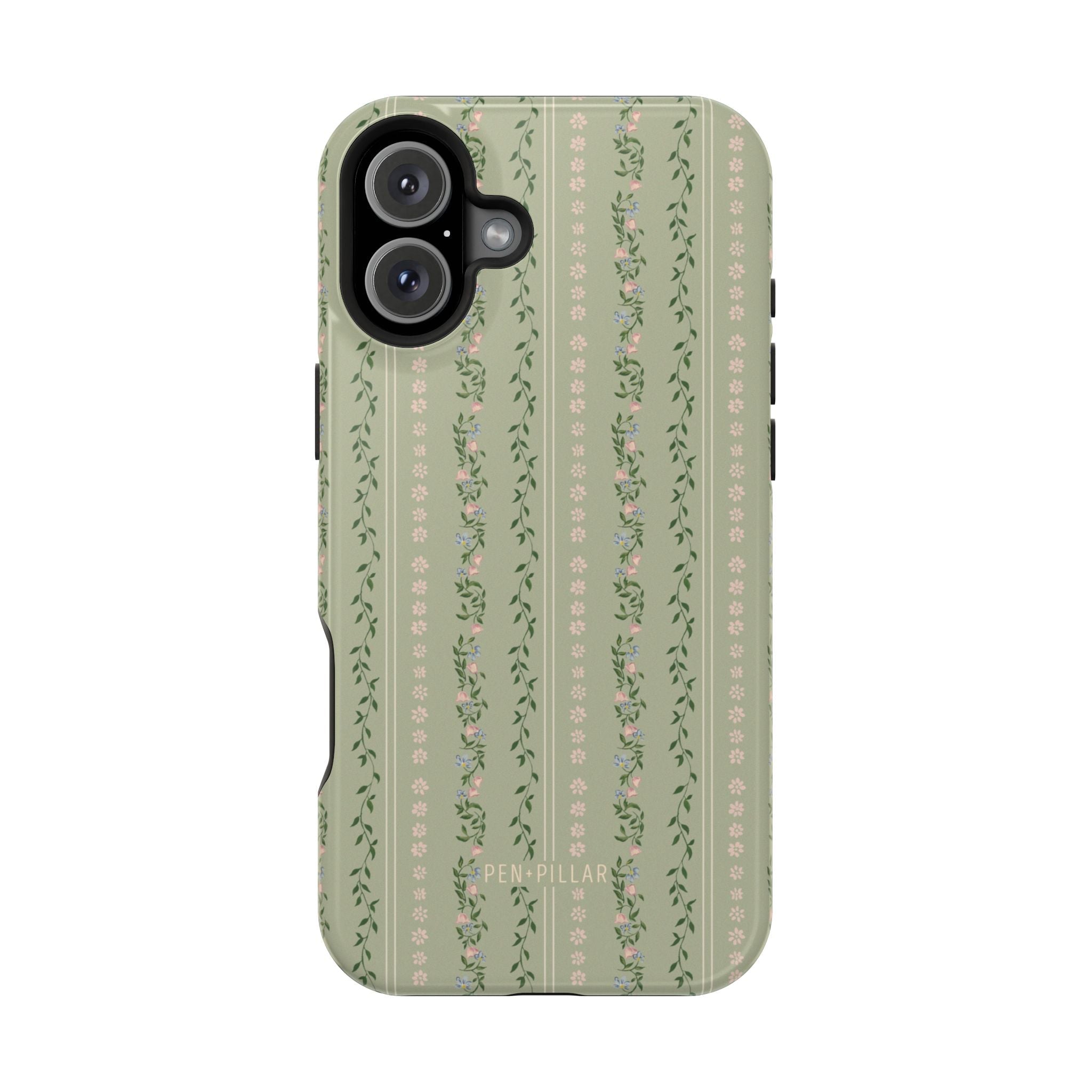 Camellia iPhone case featuring a green floral design with vertical stripes and small flowers.
