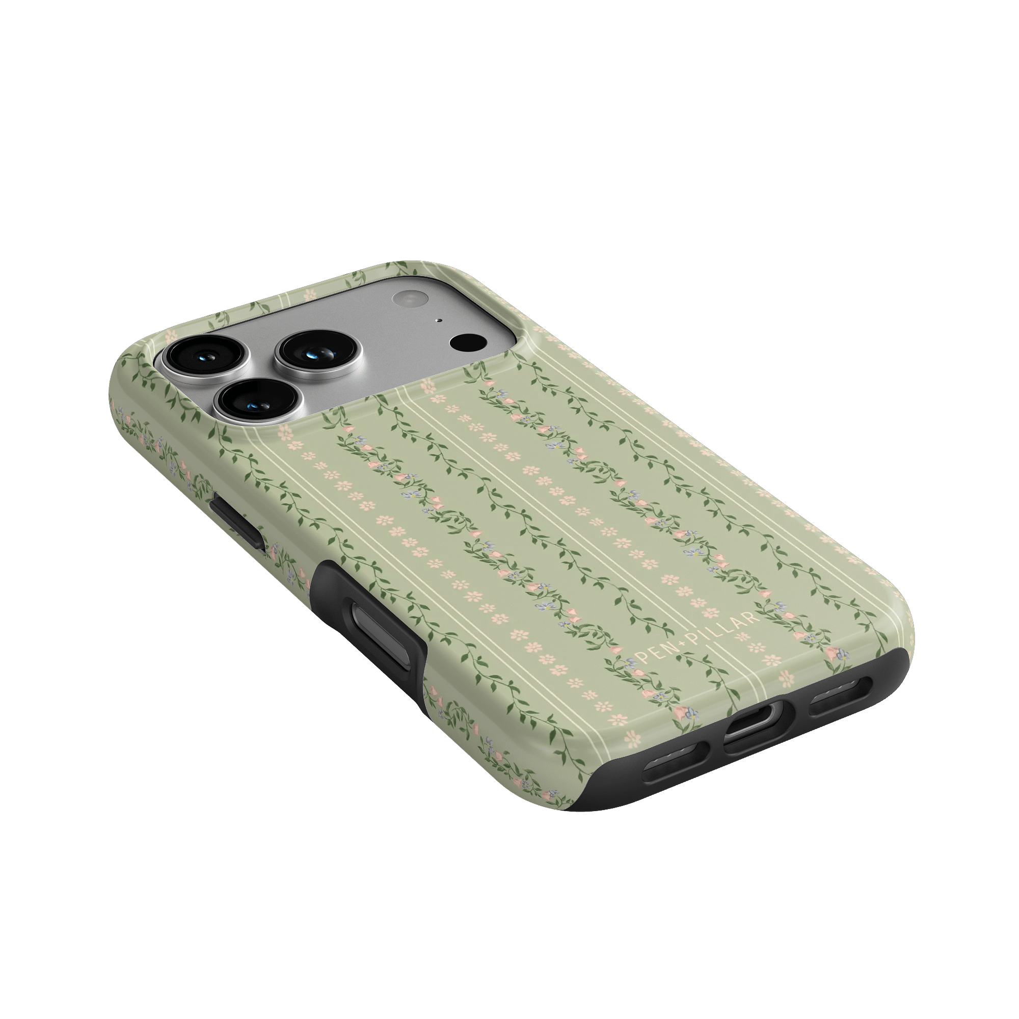 Camellia iPhone case featuring a floral pattern on a light green background, angled view showing camera cutout.