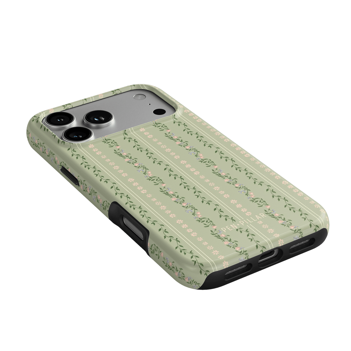 Camellia iPhone case featuring a floral pattern on a light green background with black edges.