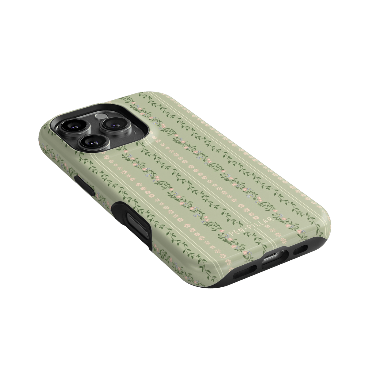 Camellia iPhone case featuring a green floral pattern with small pink flowers and leaves, angled view showing camera cutout.