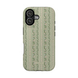 Camellia iPhone case featuring a green background with floral and vine patterns in a vertical design.