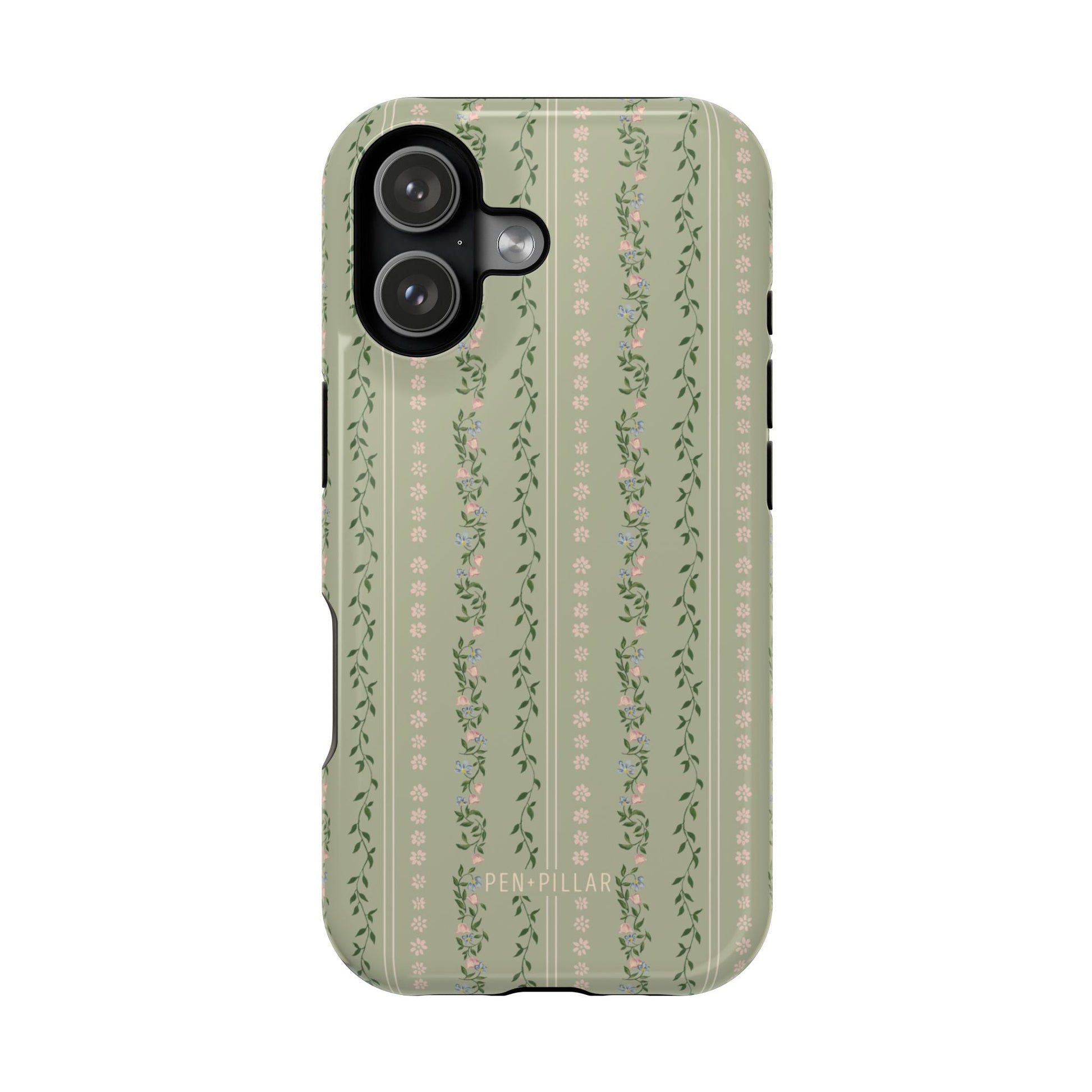 Camellia iPhone case featuring a green background with floral and vine patterns in a vertical design.