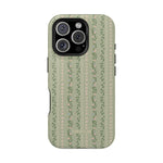 Camellia iPhone case featuring a green background with floral patterns and vines in a vertical layout.