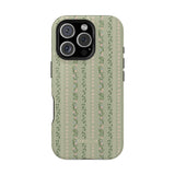 Camellia iPhone case featuring a green background with floral patterns and vines in a vertical layout.
